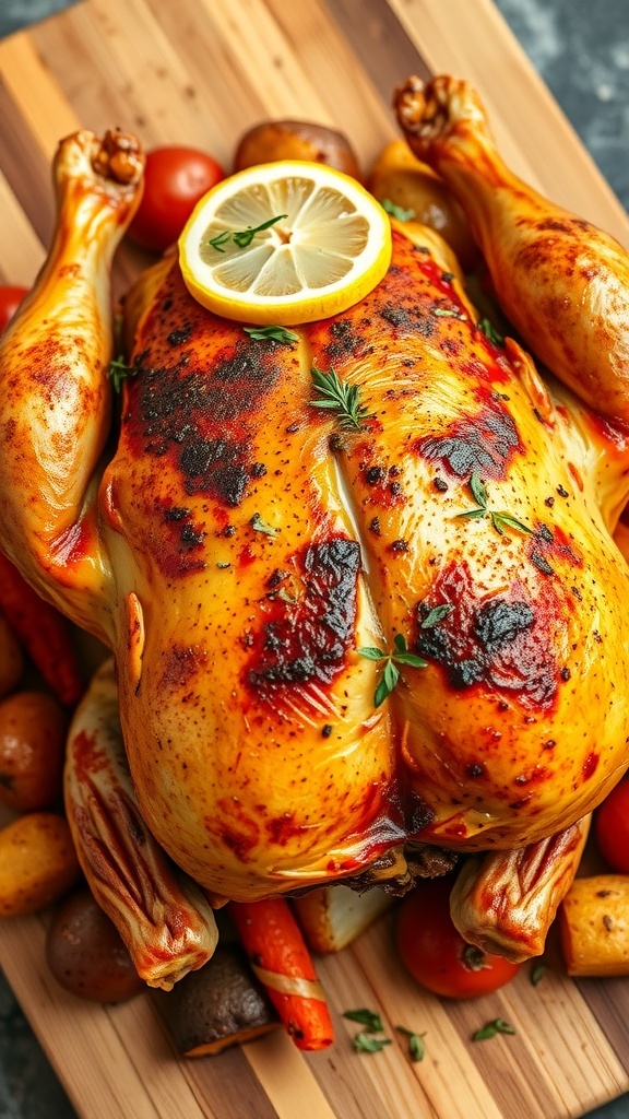 A perfectly roasted chicken with crispy skin and fresh herbs, served with roasted vegetables on a wooden board.